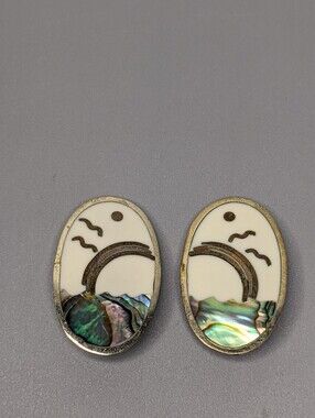Alpaca Mexico Earrings Abalone Inlay Clip On Vintage Southwestern Style Boho